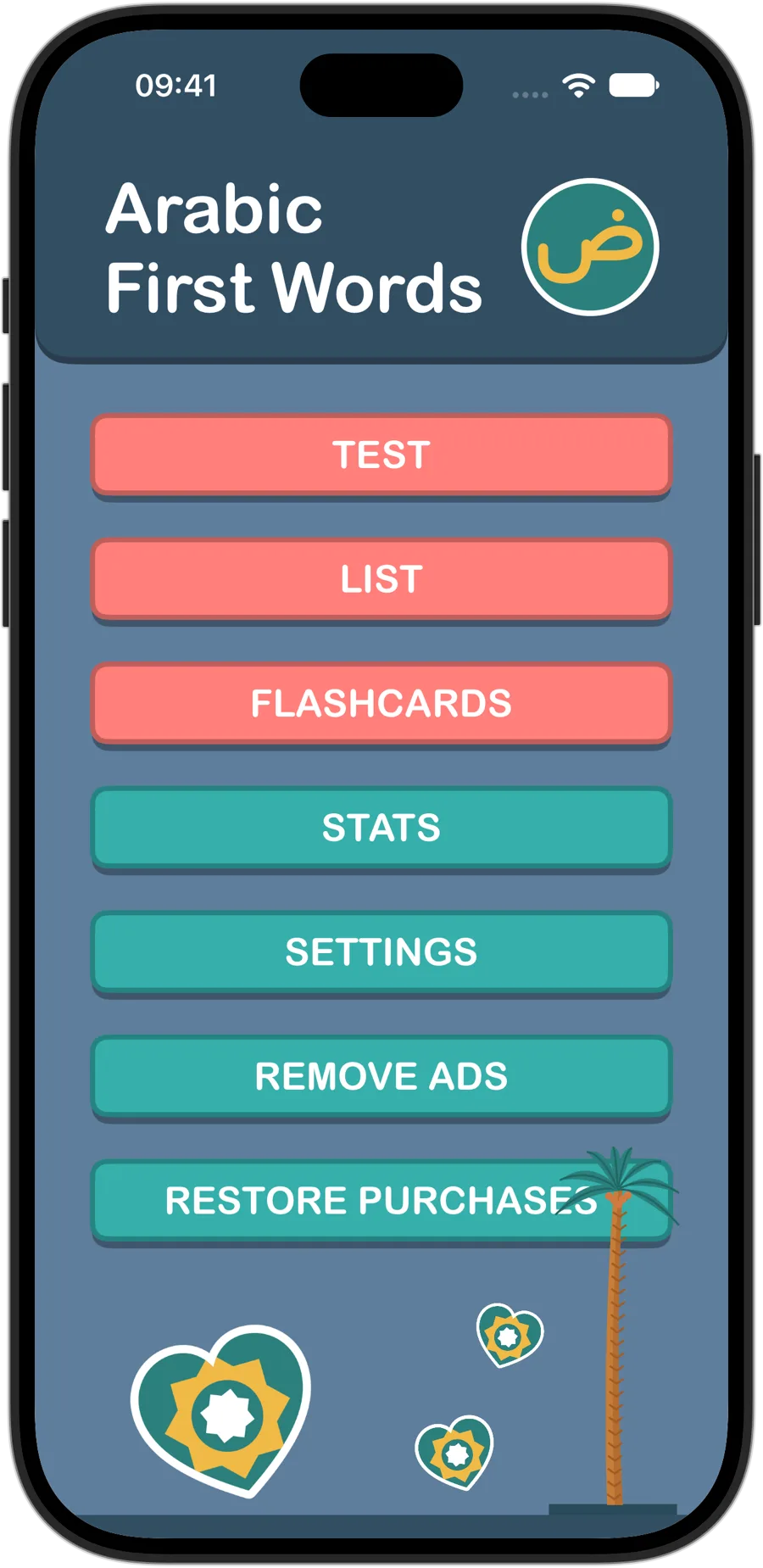 Arabic First Words home screen on iPhone 18 Pro, with Test, List, Flashcards, Stats and Settings