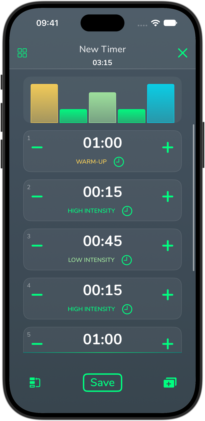 Cero interval builder on iPhone 18 Pro, with its template picker, warm-up, work, recovery and cool-down intervals, and per-interval timing controls