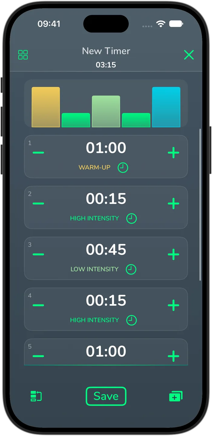 Cero interval builder on iPhone 18 Pro, with its template picker, warm-up, work, recovery and cool-down intervals, and per-interval timing controls