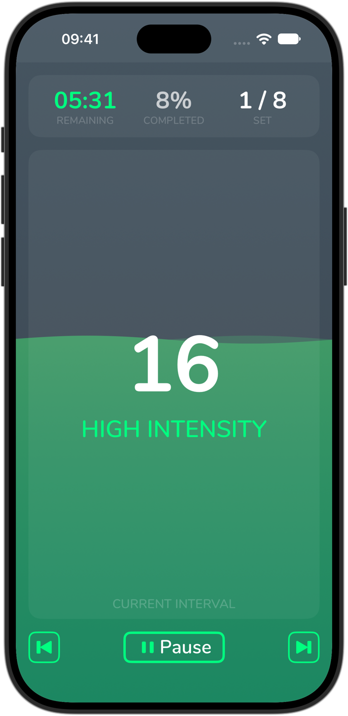 Cero simple timer on iPhone 18 Pro during a high-intensity interval, showing time remaining, progress, the current set, and its green wave about half full