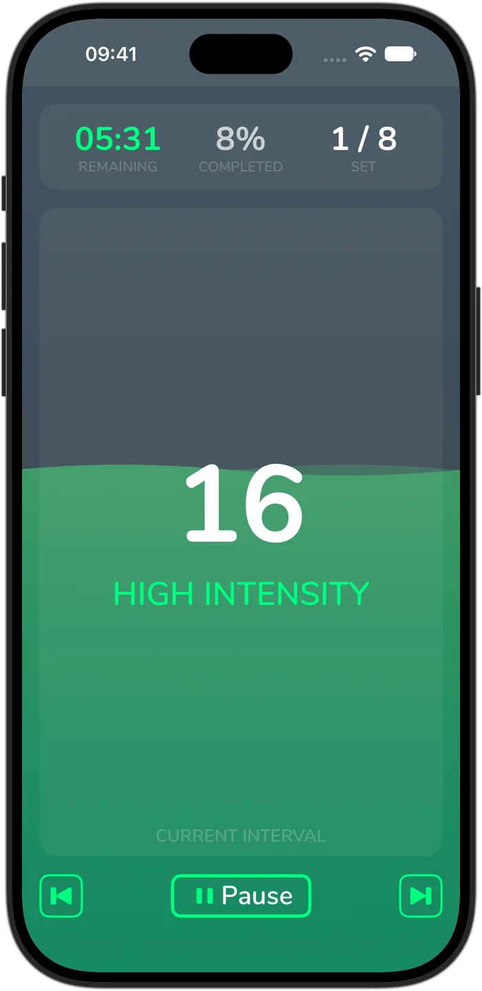 Cero simple timer on iPhone 18 Pro during a high-intensity interval, showing time remaining, progress, the current set, and its green wave about half full