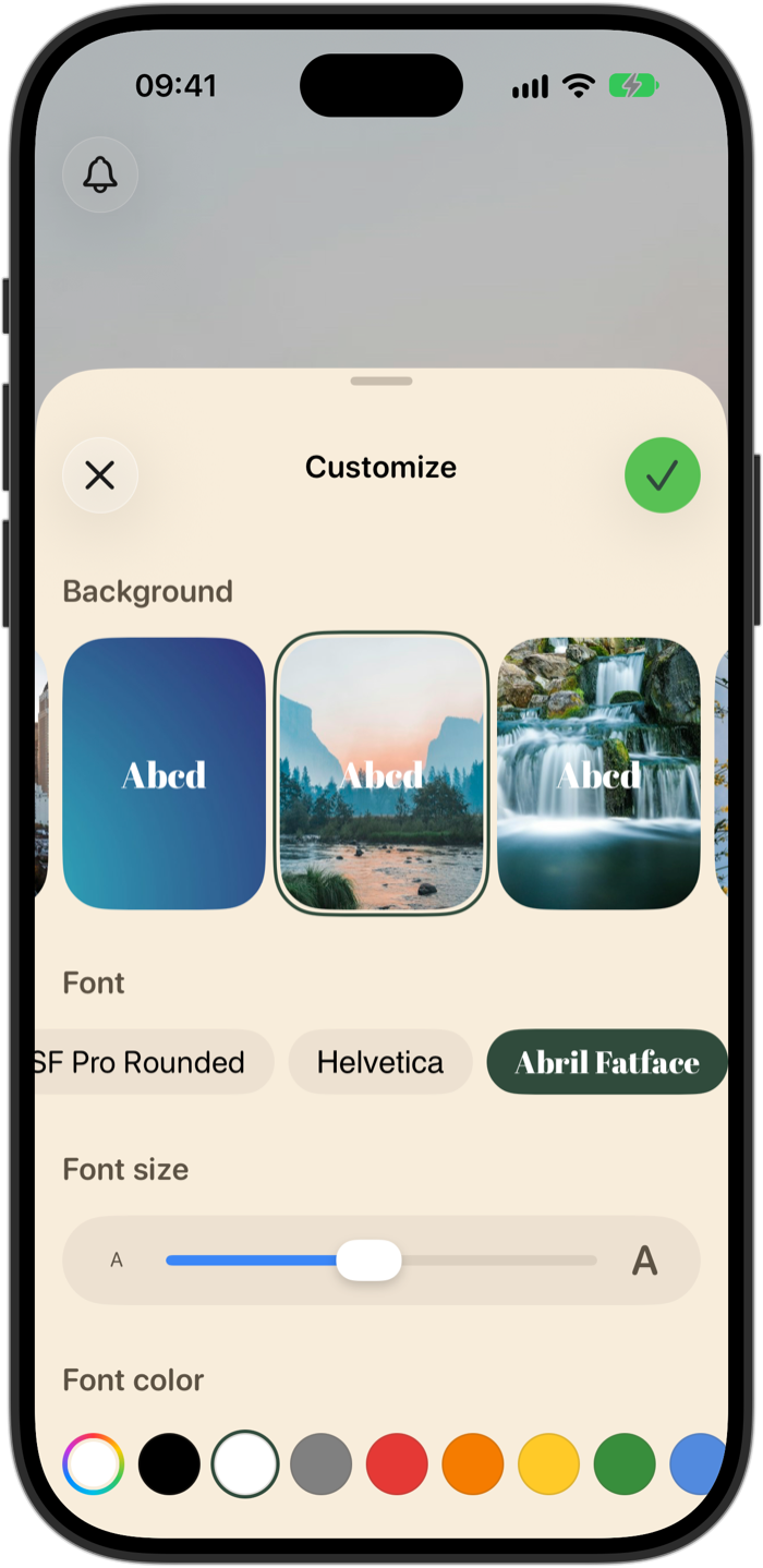Ephemeral's Customize sheet on iPhone 18 Pro, with background choices, fonts, a font size slider and font colors