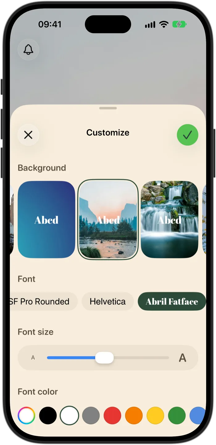 Ephemeral's Customize sheet on iPhone 18 Pro, with background choices, fonts, a font size slider and font colors