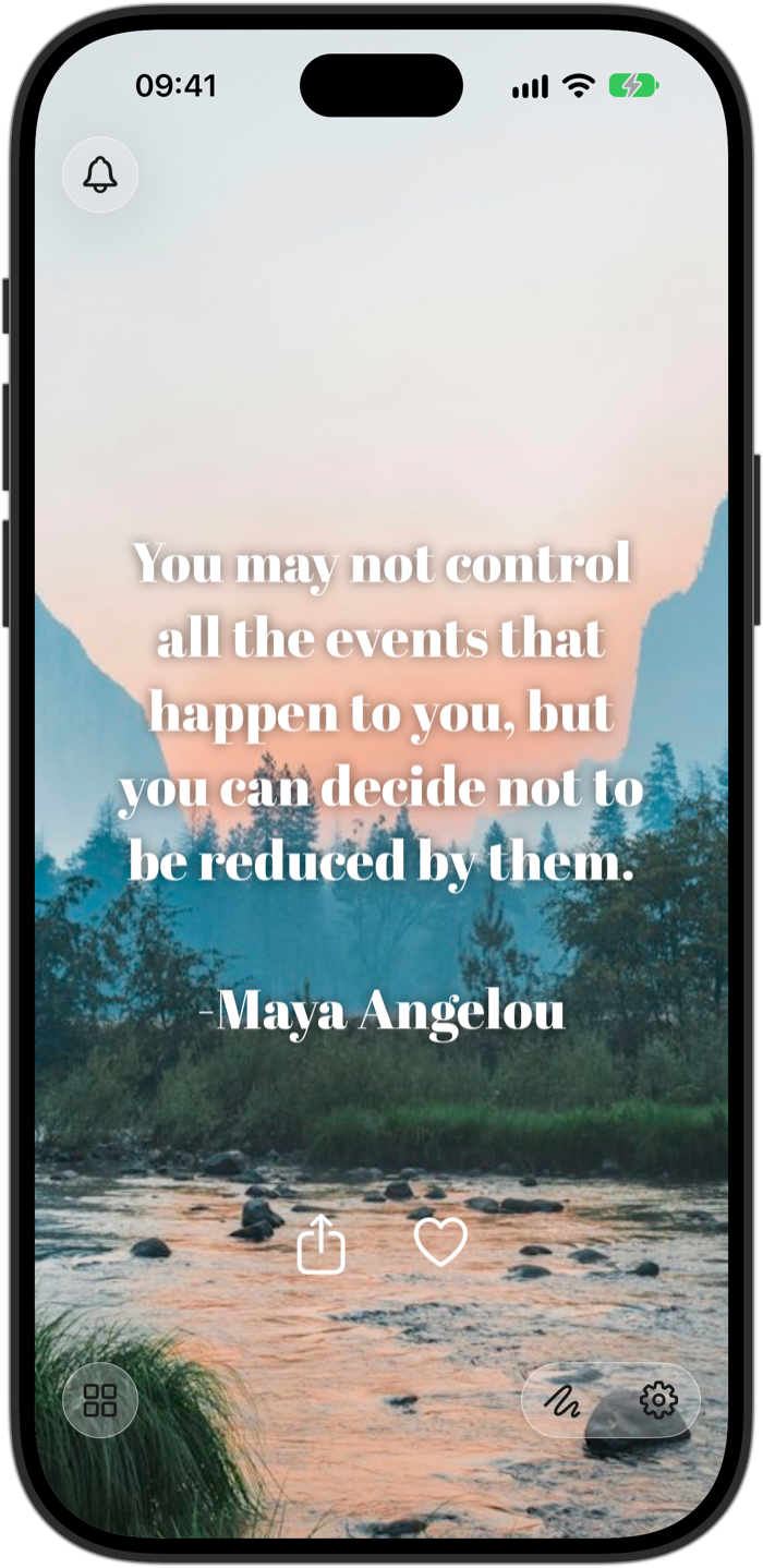Ephemeral on iPhone 18 Pro showing a quote by Maya Angelou over a misty valley at sunrise, with share and favorite buttons