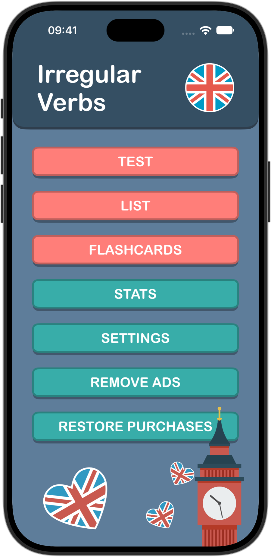 Irregular Verbs home screen on iPhone 18 Pro
