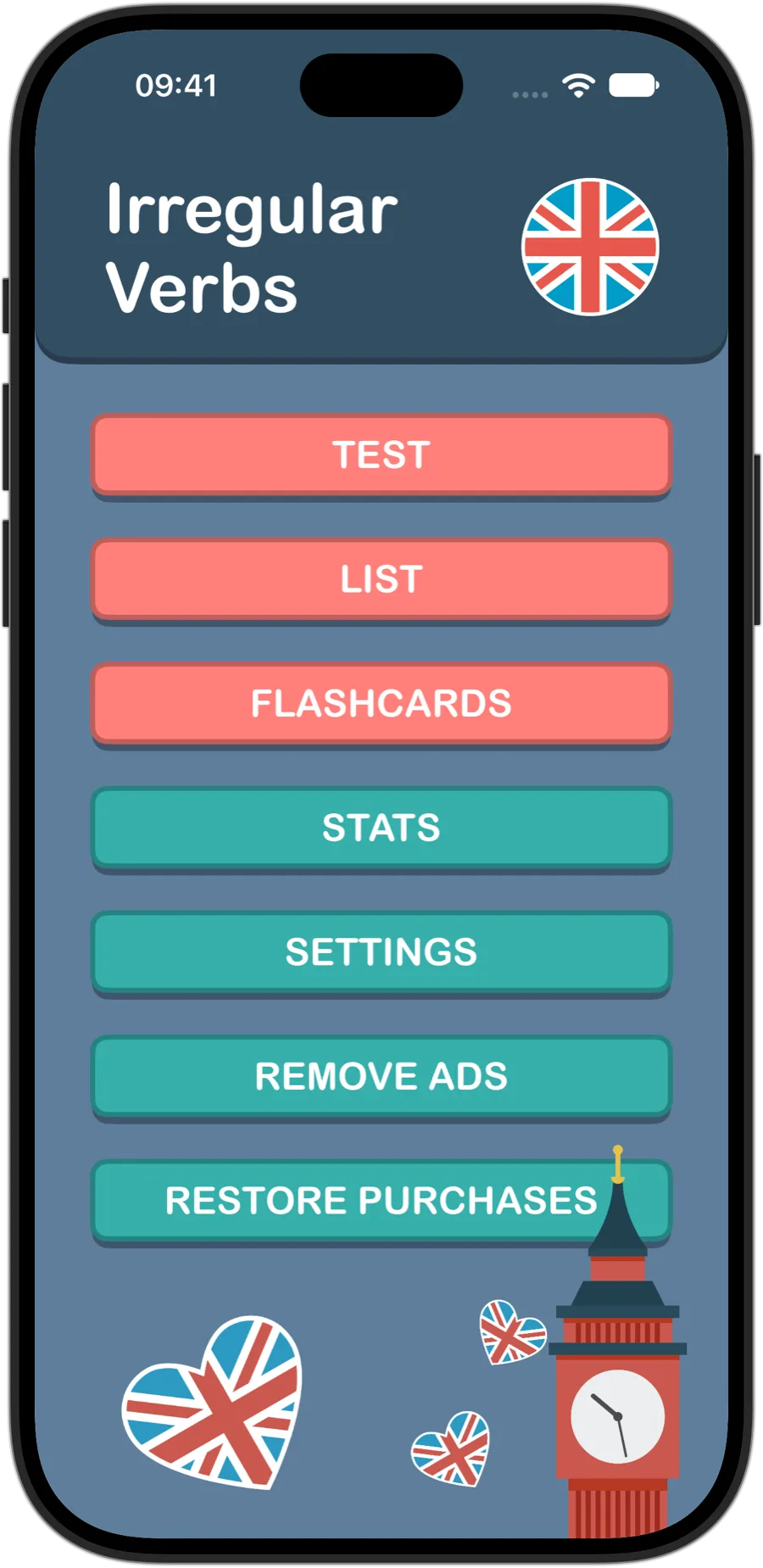Irregular Verbs home screen on iPhone 18 Pro
