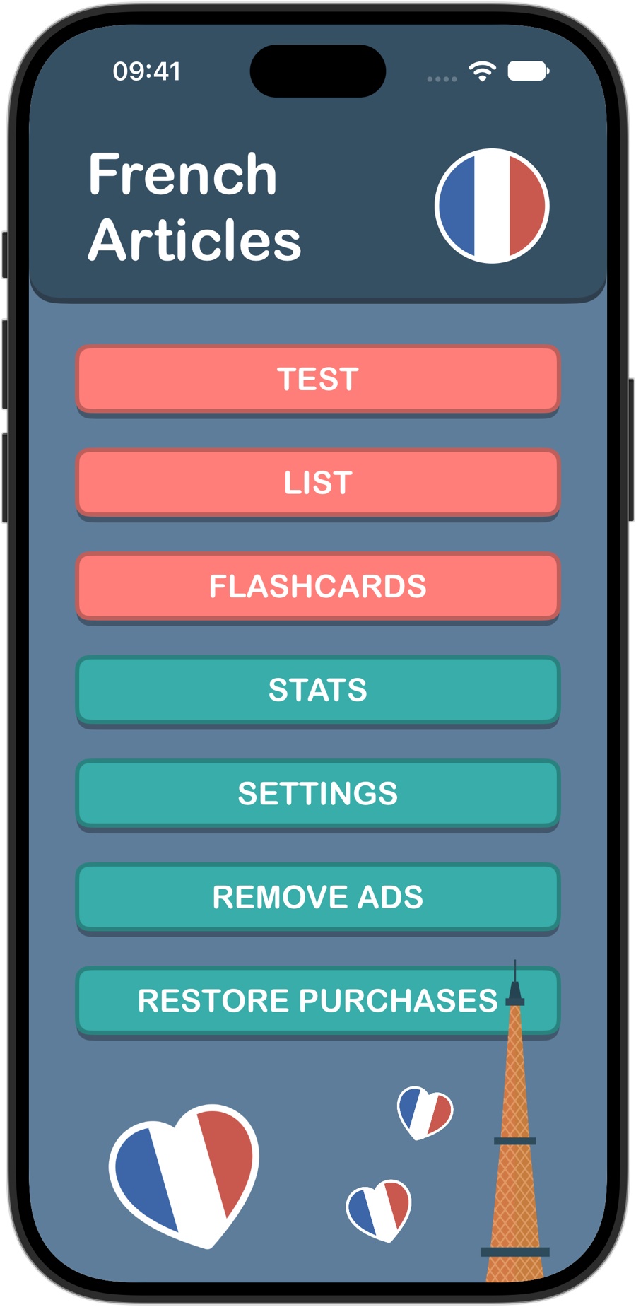 French Articles home screen on iPhone 18 Pro, with Test, List, Flashcards, Stats and Settings