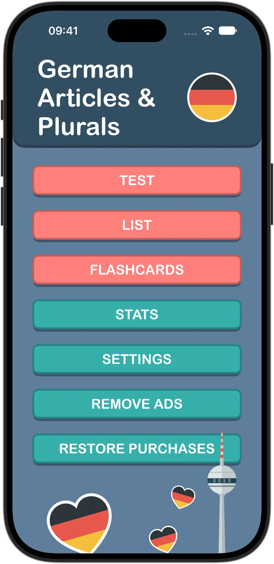 German Articles & Plurals home screen on iPhone 18 Pro, with Test, List, Flashcards, Stats and Settings