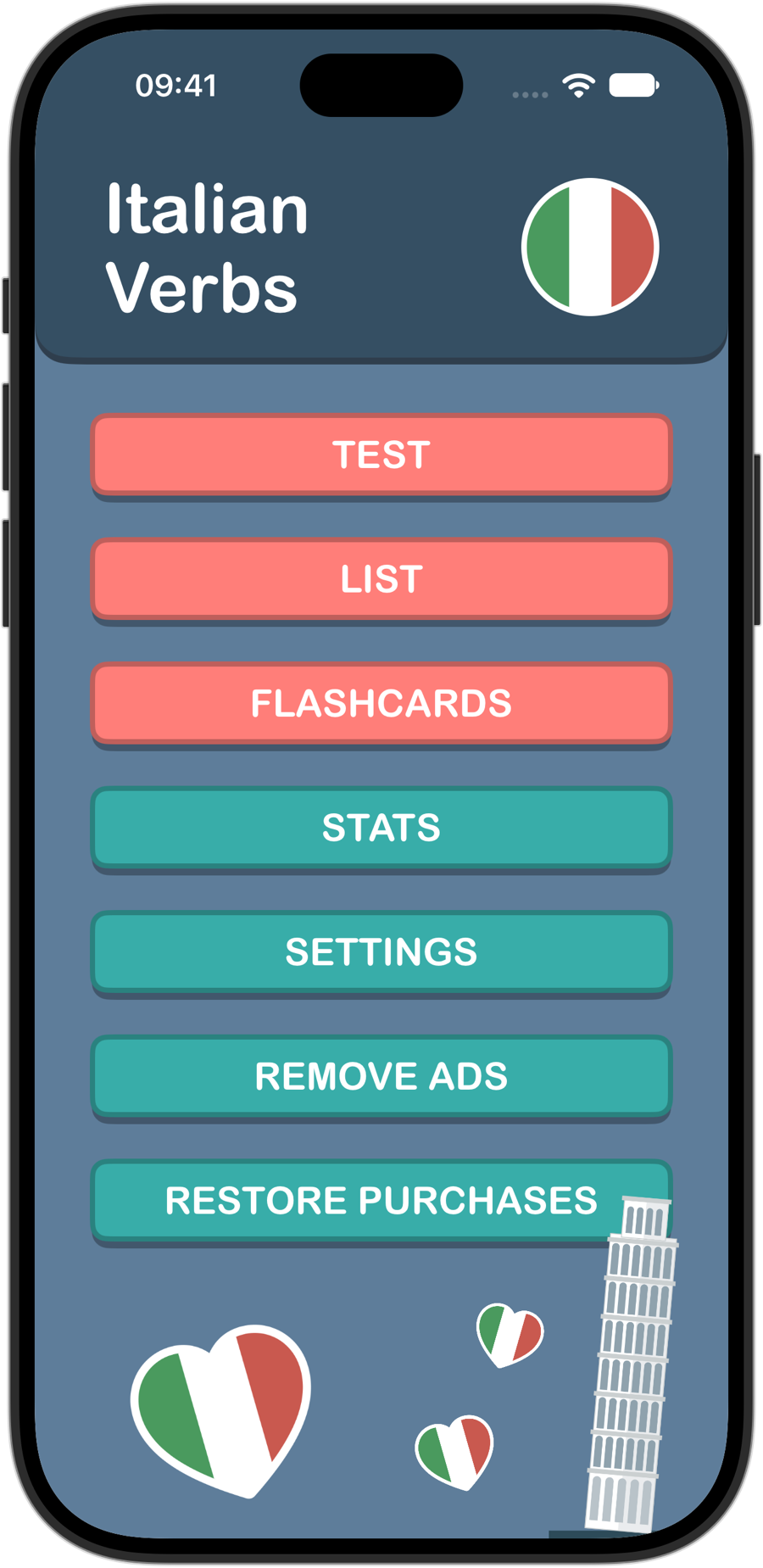 Italian Verbs home screen on iPhone 18 Pro, with Test, List, Flashcards, Stats and Settings