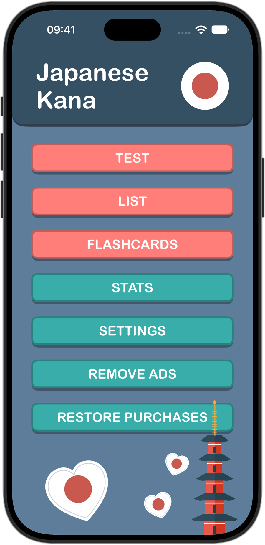 Japanese Kana home screen on iPhone 18 Pro, with Test, List, Flashcards, Stats and Settings