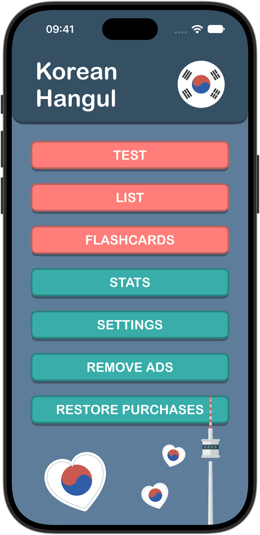 Korean Hangul home screen on iPhone 18 Pro, with Test, List, Flashcards, Stats and Settings
