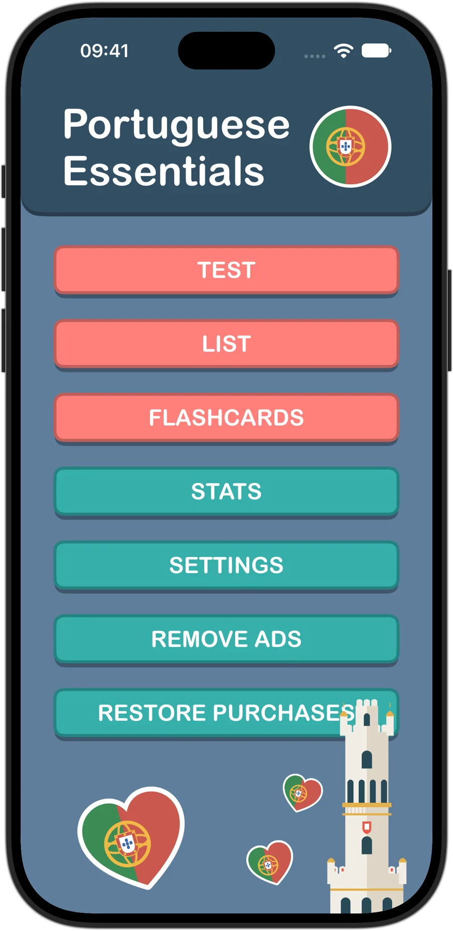 Portuguese Essentials home screen on iPhone 18 Pro, with Test, List, Flashcards, Stats and Settings