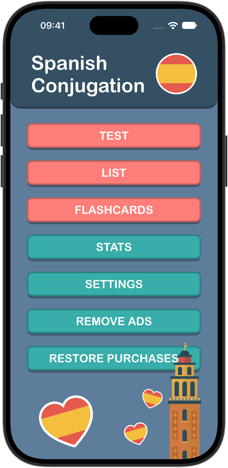 Spanish Conjugation home screen on iPhone 18 Pro, with Test, List, Flashcards, Stats and Settings